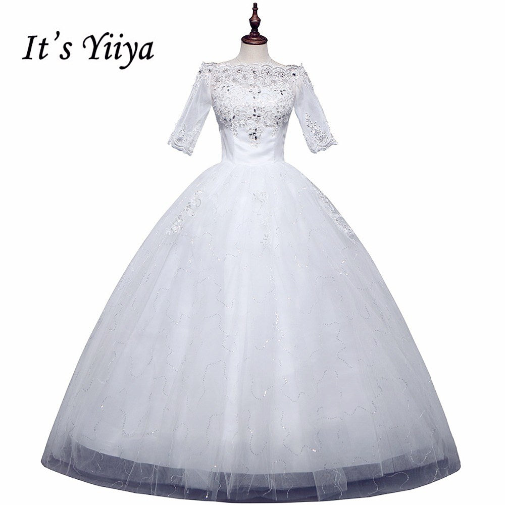 Free shipping YiiYa Red Boat Neck Wedding Dresses Bride Princess Ball Gowns Cheap Bridal Vestidos De Novia Half Sleeves XXN144
