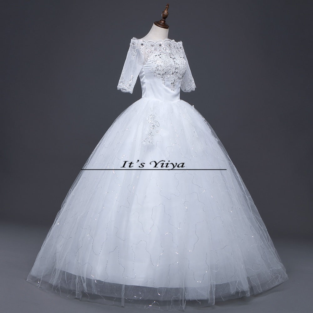 Free shipping YiiYa Red Boat Neck Wedding Dresses Bride Princess Ball Gowns Cheap Bridal Vestidos De Novia Half Sleeves XXN144