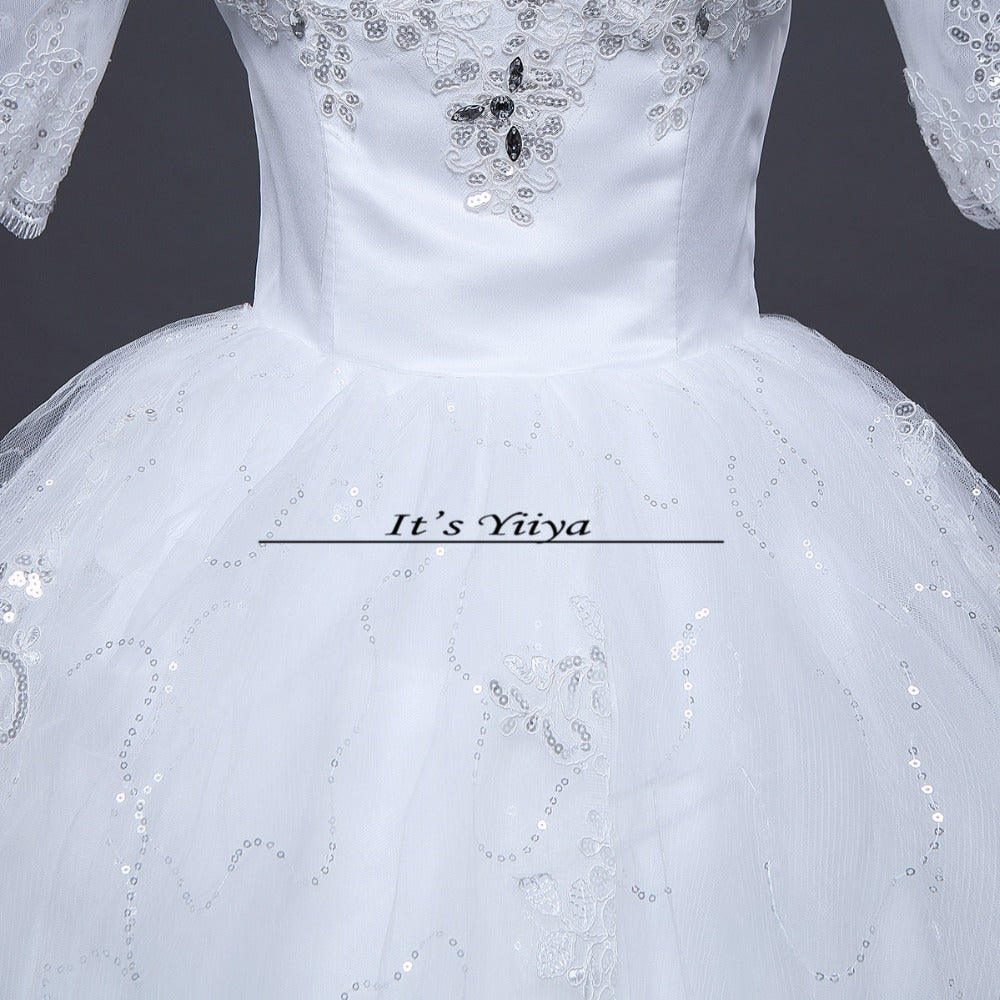 Free shipping YiiYa Red Boat Neck Wedding Dresses Bride Princess Ball Gowns Cheap Bridal Vestidos De Novia Half Sleeves XXN144
