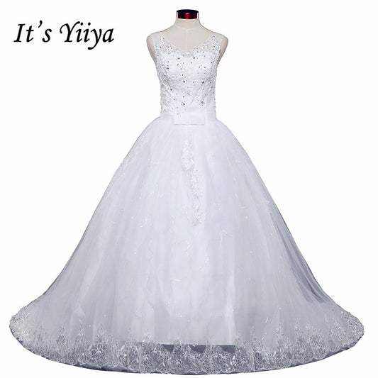 Free shipping YiiYa 2016 new V-neck Sleeveless Wedding Dresses Trailing Wedding Frocks White Train Bride Vestidos De Novia HS225