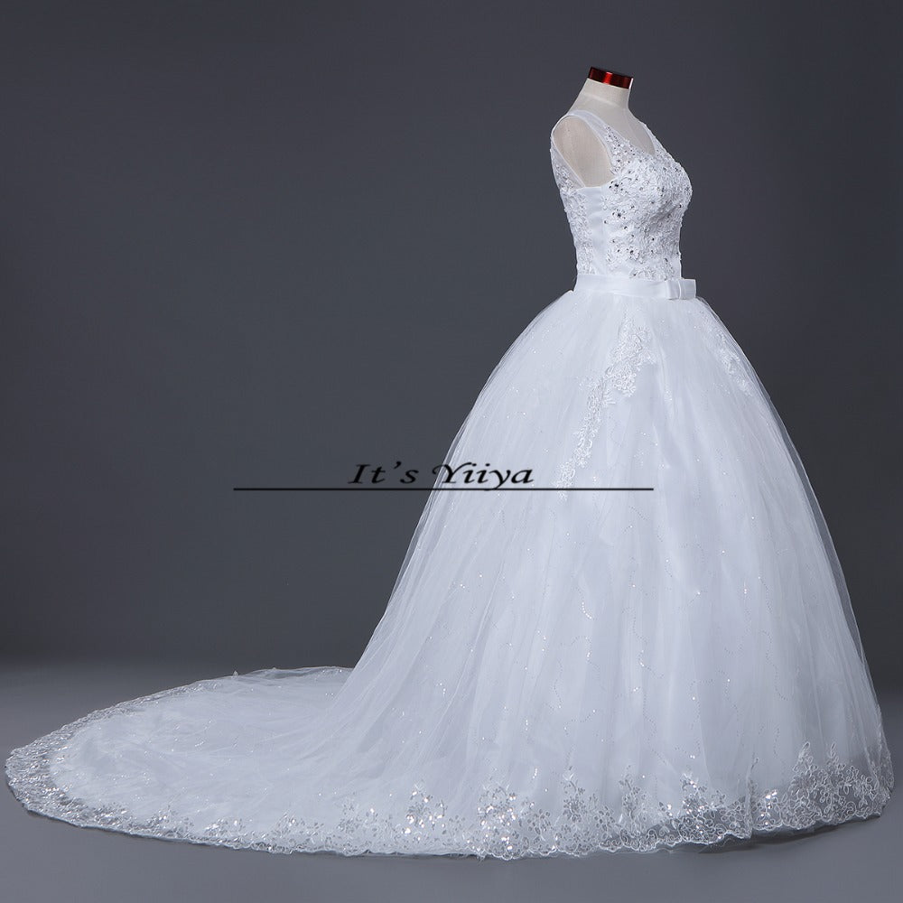 Free shipping YiiYa 2016 new V-neck Sleeveless Wedding Dresses Trailing Wedding Frocks White Train Bride Vestidos De Novia HS225