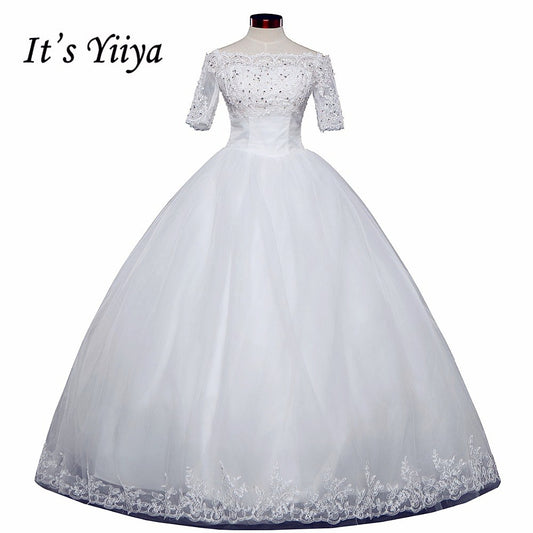 Free shipping new arrival White Boat neck Half Sleeves Quality Princess Sex Wedding Dress Frock Gowns Vestidos De Novia DH1560