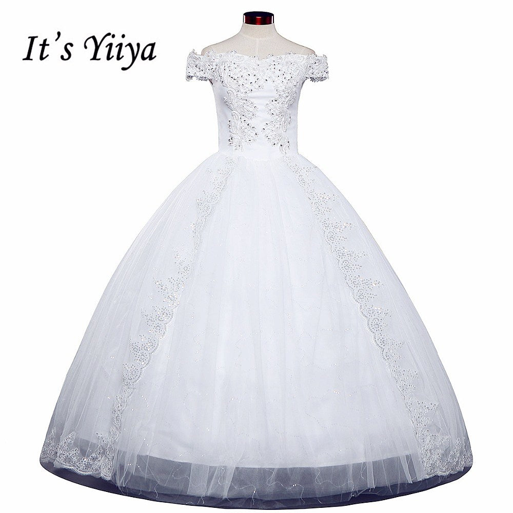 Free shipping White Wedding Ball Gowns Boat Neck Short Sleeves Cheap Princess Vestidos De Novia Wedding Frock Bride Dress HS235