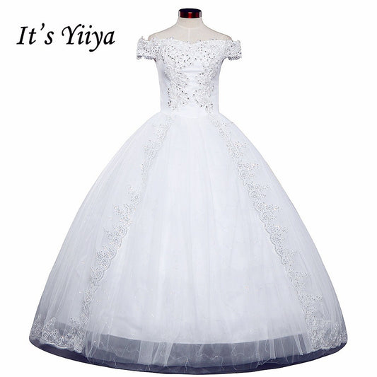 Free shipping White Wedding Ball Gowns Boat Neck Short Sleeves Cheap Princess Vestidos De Novia Wedding Frock Bride Dress HS235