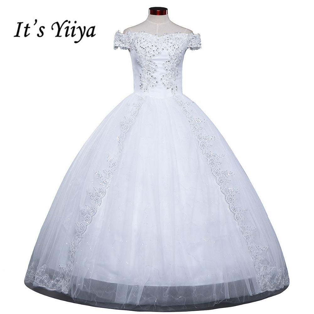 Free shipping White Wedding Ball Gowns Boat Neck Short Sleeves Cheap Princess Vestidos De Novia Wedding Frock Bride Dress HS235