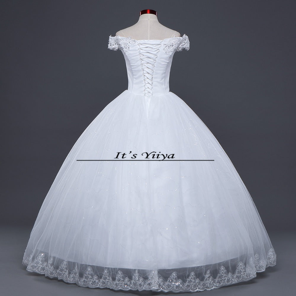 Free shipping White Wedding Ball Gowns Boat Neck Short Sleeves Cheap Princess Vestidos De Novia Wedding Frock Bride Dress HS235