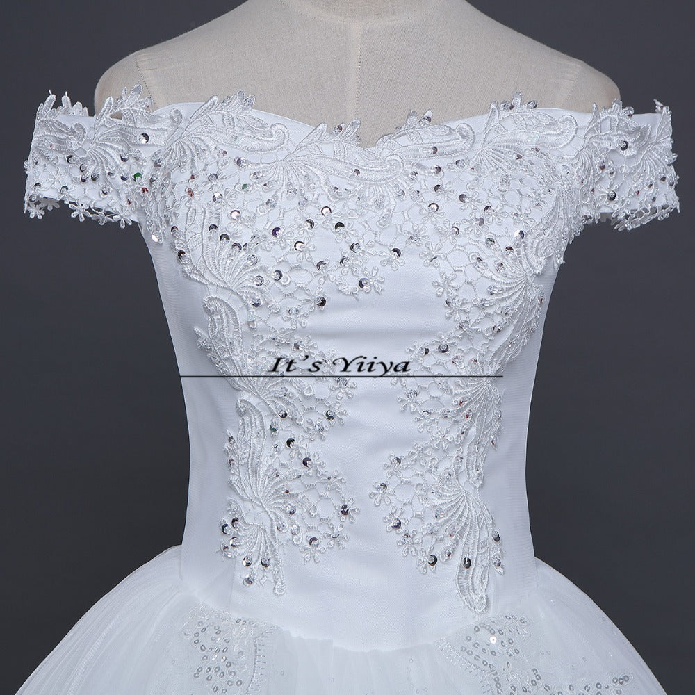 Free shipping White Wedding Ball Gowns Boat Neck Short Sleeves Cheap Princess Vestidos De Novia Wedding Frock Bride Dress HS235