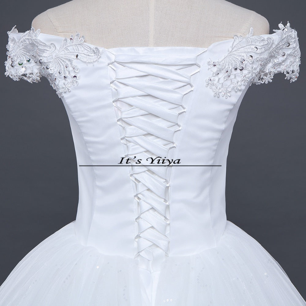 Free shipping White Wedding Ball Gowns Boat Neck Short Sleeves Cheap Princess Vestidos De Novia Wedding Frock Bride Dress HS235