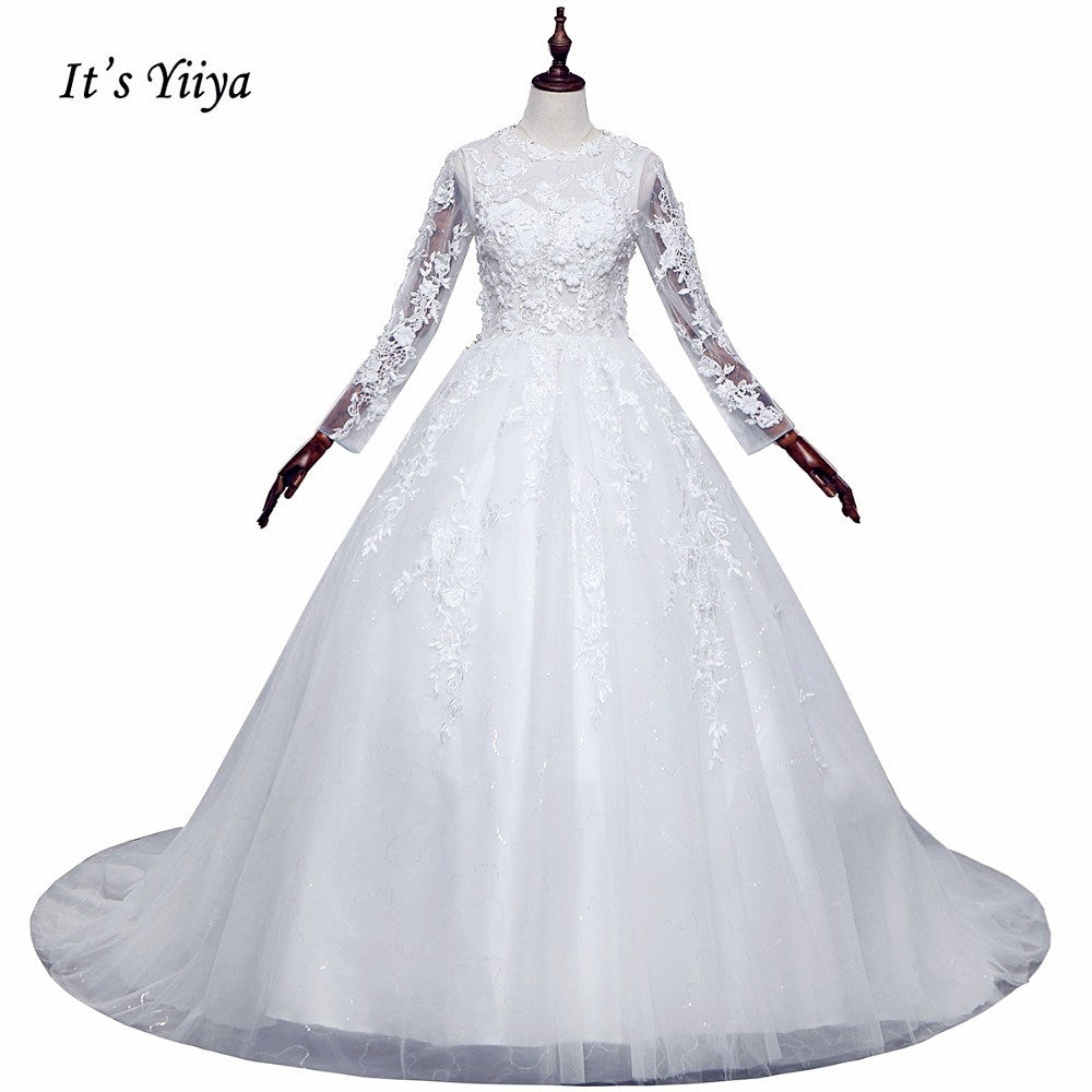 Free Shipping Long train Wedding dresses O-neck Vestidos De Novia Off white dress Bridal Ball gowns Long sleeve Frocks IY033