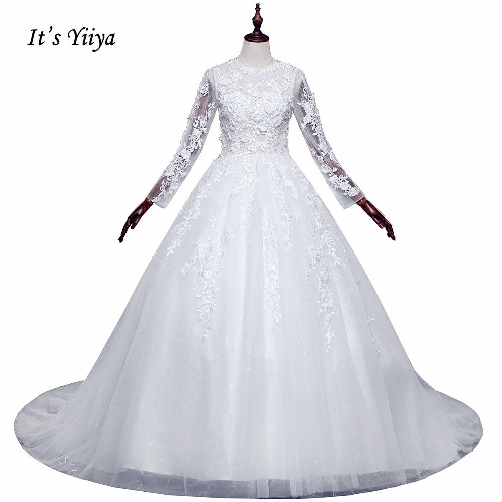 Free Shipping Long train Wedding dresses O-neck Vestidos De Novia Off white dress Bridal Ball gowns Long sleeve Frocks IY033