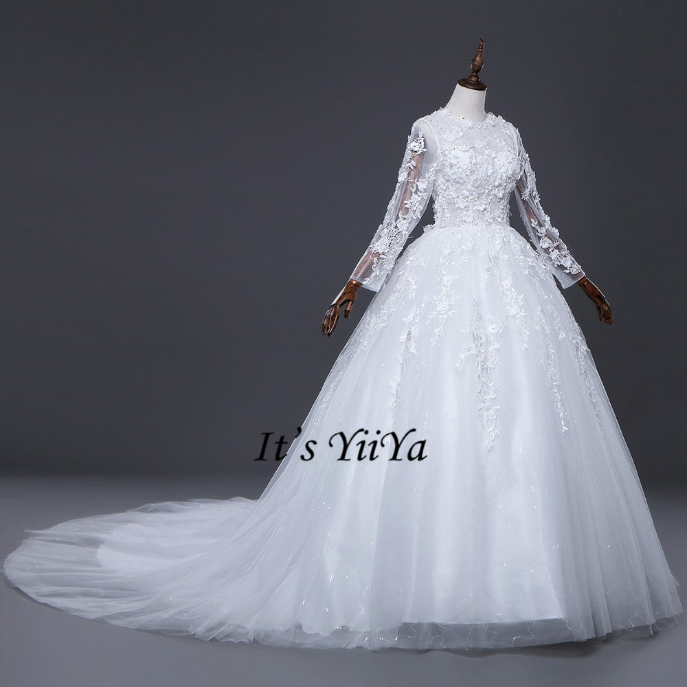 Free Shipping Long train Wedding dresses O-neck Vestidos De Novia Off white dress Bridal Ball gowns Long sleeve Frocks IY033