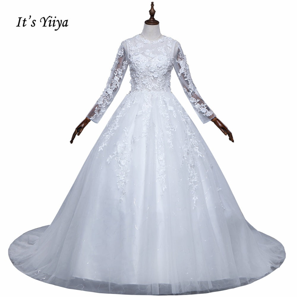 Free Shipping Long train Wedding dresses O-neck Vestidos De Novia Off white dress Bridal Ball gowns Long sleeve Frocks IY033
