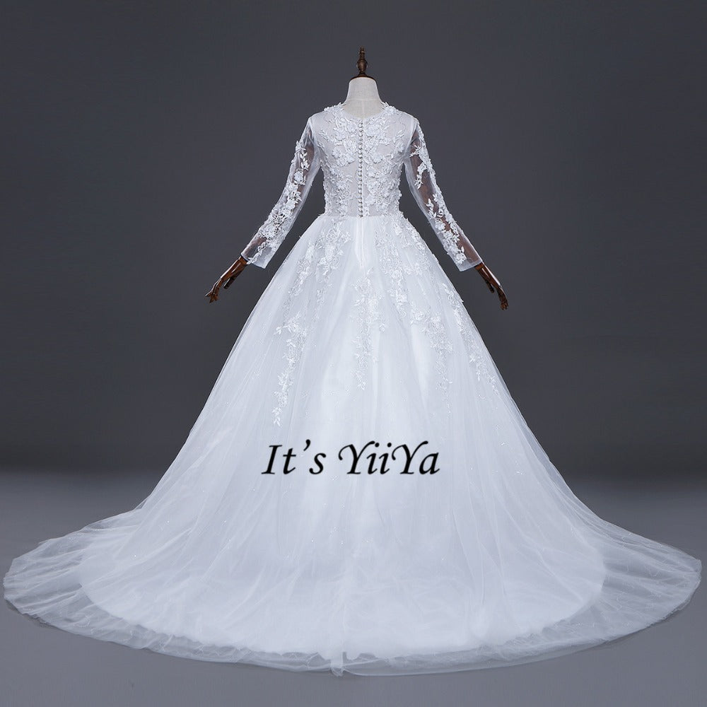 Free Shipping Long train Wedding dresses O-neck Vestidos De Novia Off white dress Bridal Ball gowns Long sleeve Frocks IY033