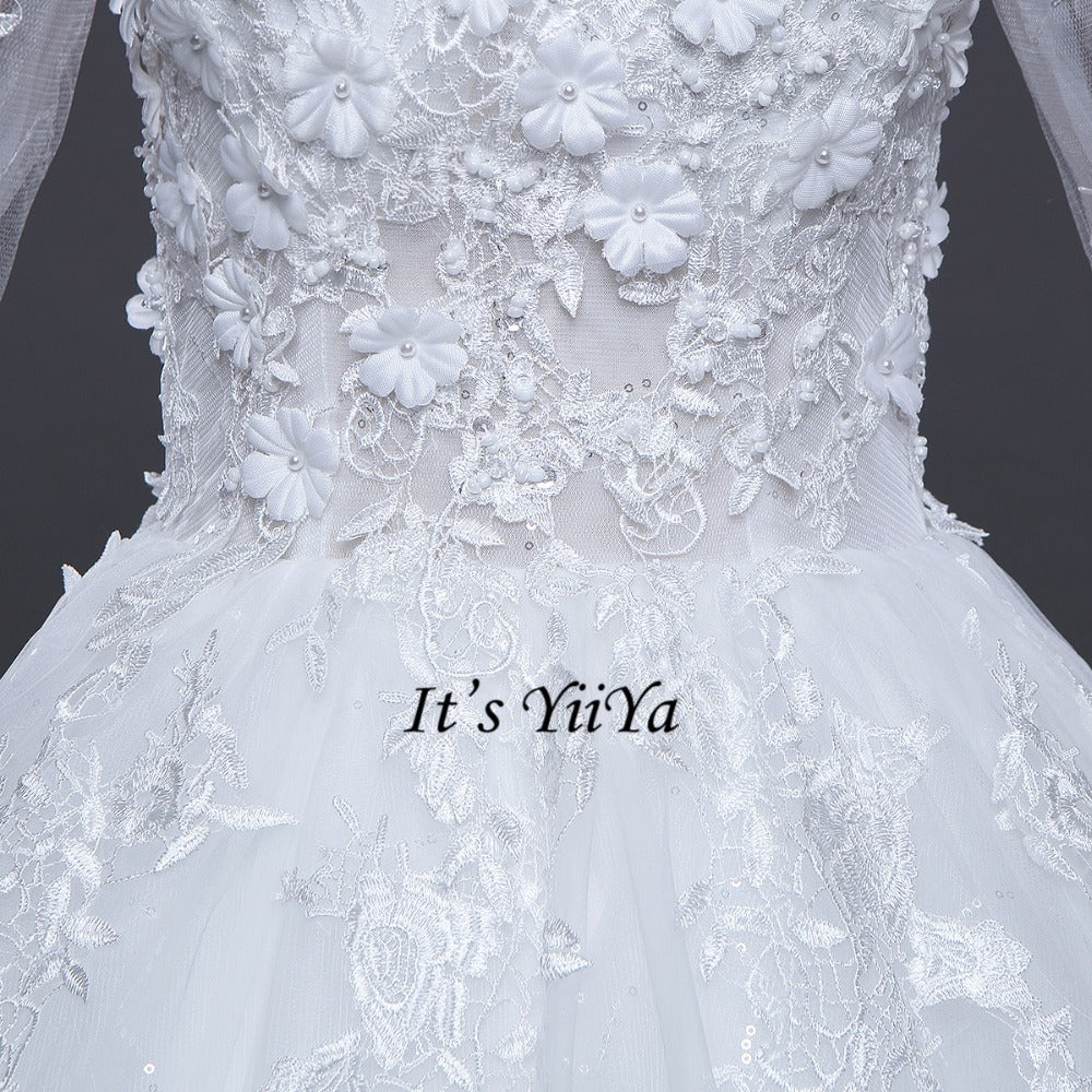 Free Shipping Long train Wedding dresses O-neck Vestidos De Novia Off white dress Bridal Ball gowns Long sleeve Frocks IY033