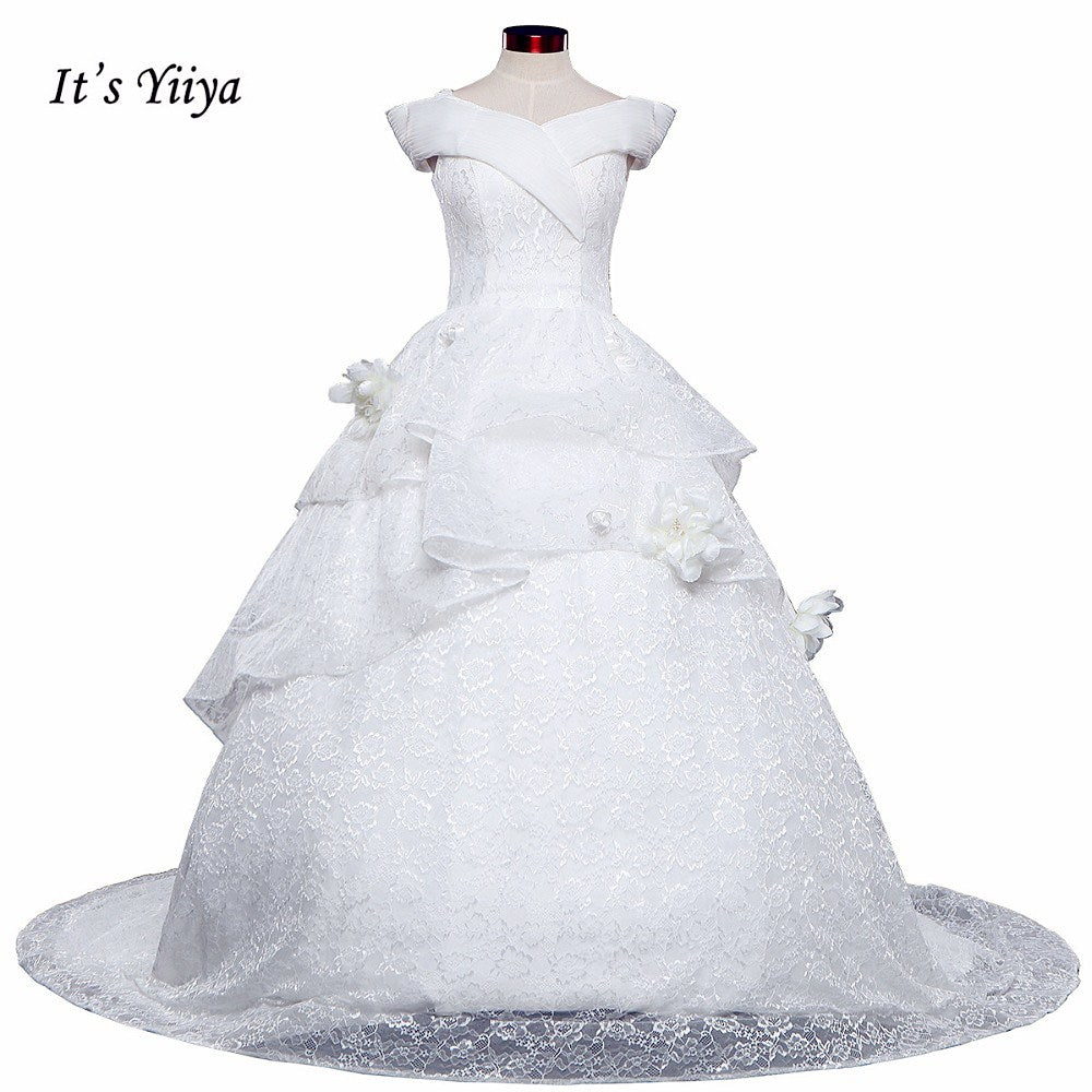 Free Shipping Long train Wedding dresses Boat Neck Vestidos De Novia Off white dress Bridal Ball gowns Sleeveless Frocks IY034