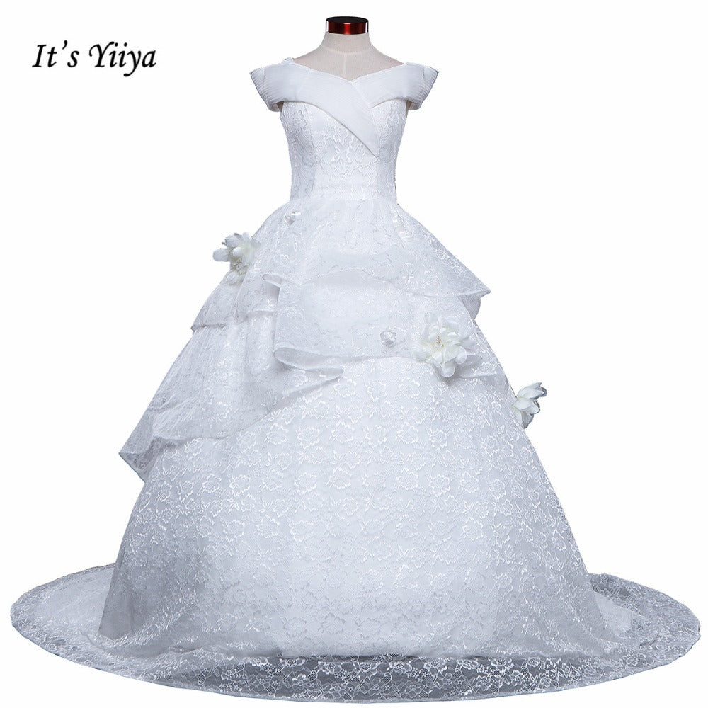 Free Shipping Long train Wedding dresses Boat Neck Vestidos De Novia Off white dress Bridal Ball gowns Sleeveless Frocks IY034