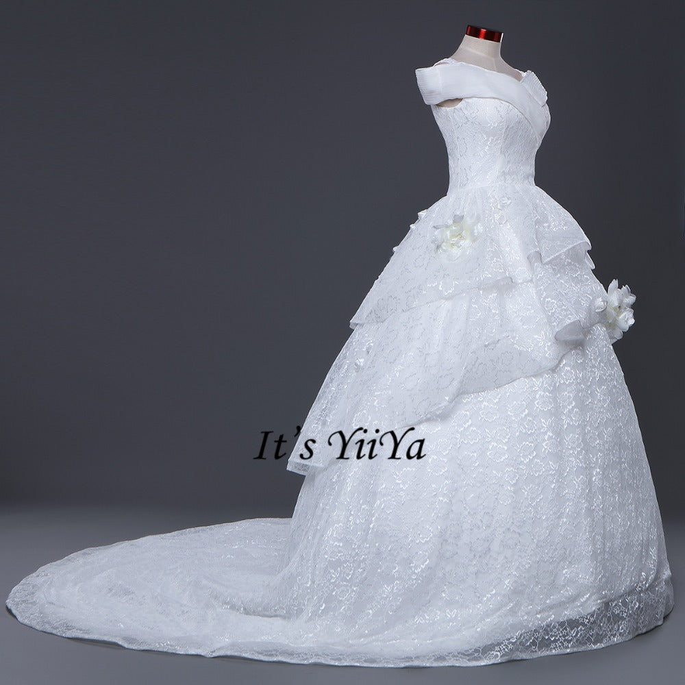 Free Shipping Long train Wedding dresses Boat Neck Vestidos De Novia Off white dress Bridal Ball gowns Sleeveless Frocks IY034