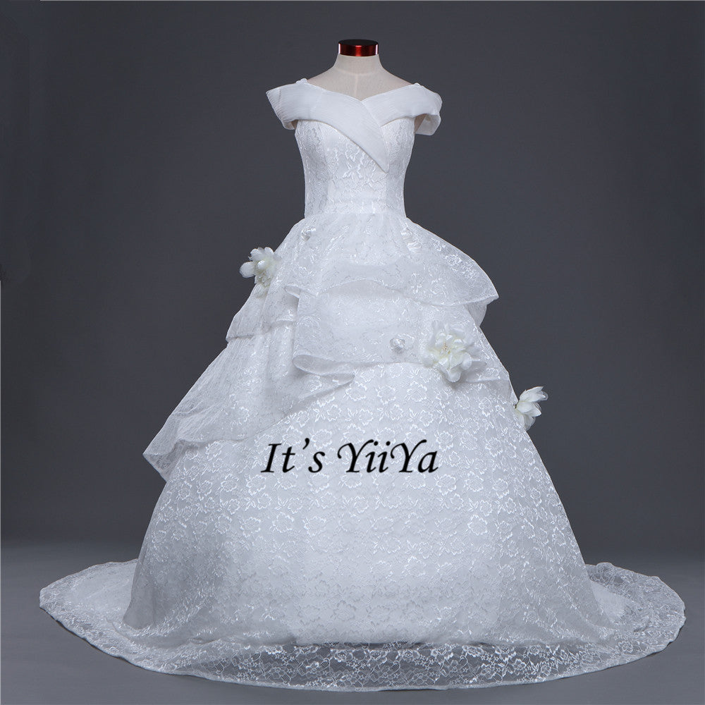 Free Shipping Long train Wedding dresses Boat Neck Vestidos De Novia Off white dress Bridal Ball gowns Sleeveless Frocks IY034