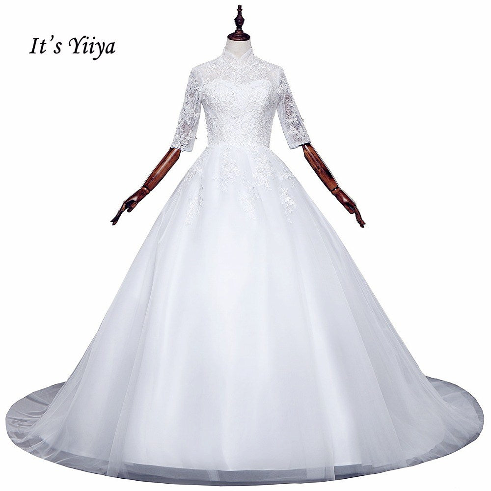 Free shipping Korean Style Train dresses off White Wedding dress Full sleeve high-neck Vestidos De Novia Classic Frock IY003
