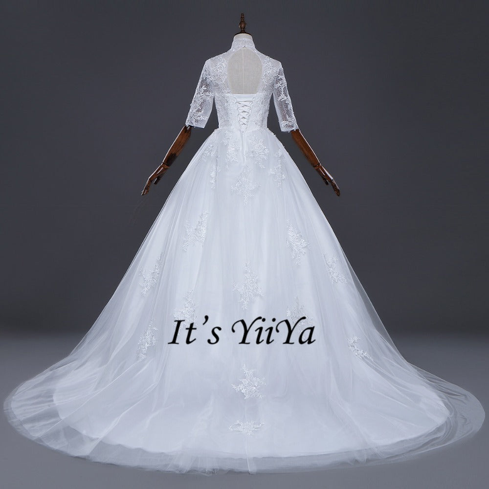 Free shipping Korean Style Train dresses off White Wedding dress Full sleeve high-neck Vestidos De Novia Classic Frock IY003