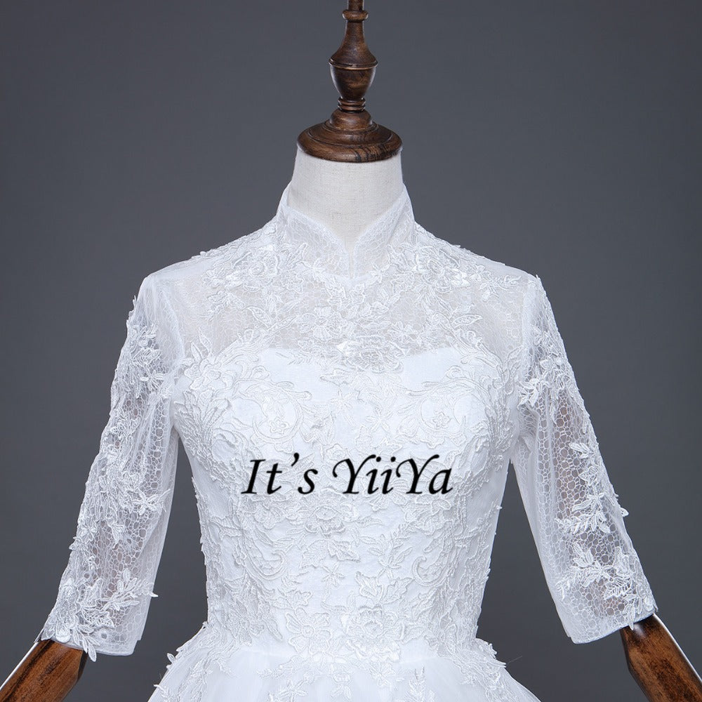 Free shipping Korean Style Train dresses off White Wedding dress Full sleeve high-neck Vestidos De Novia Classic Frock IY003