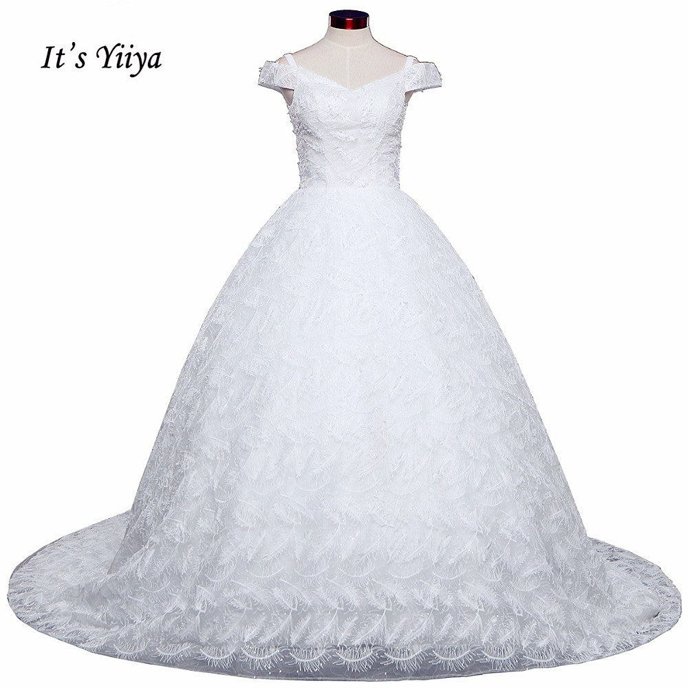 Free Shipping Long train Sleeveless Wedding dresses V-neck Vestidos De Novia Off white dress Bridal Ball gowns Frock IY036