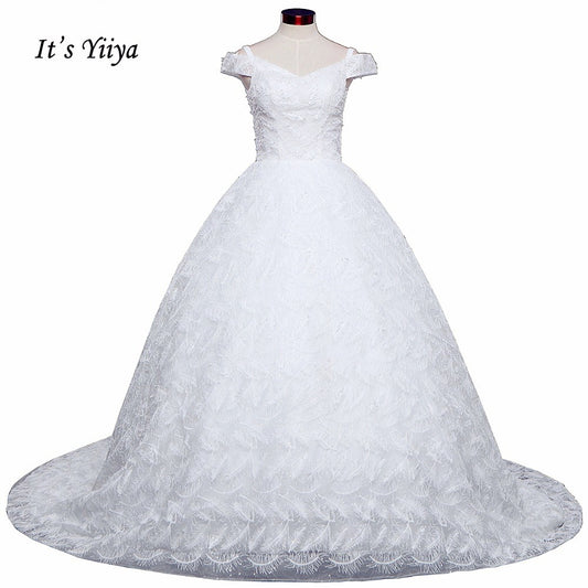 Free Shipping Long train Sleeveless Wedding dresses V-neck Vestidos De Novia Off white dress Bridal Ball gowns Frock IY036