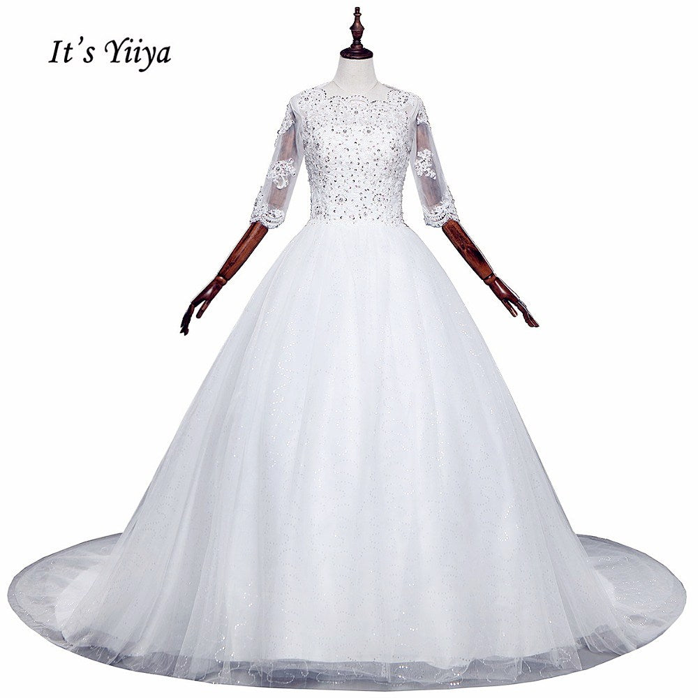 Free Shipping Half sleeve Wedding dresses O-neck Vestidos De Novia Off white dress Bridal Ball gowns Long train Frocks HS620