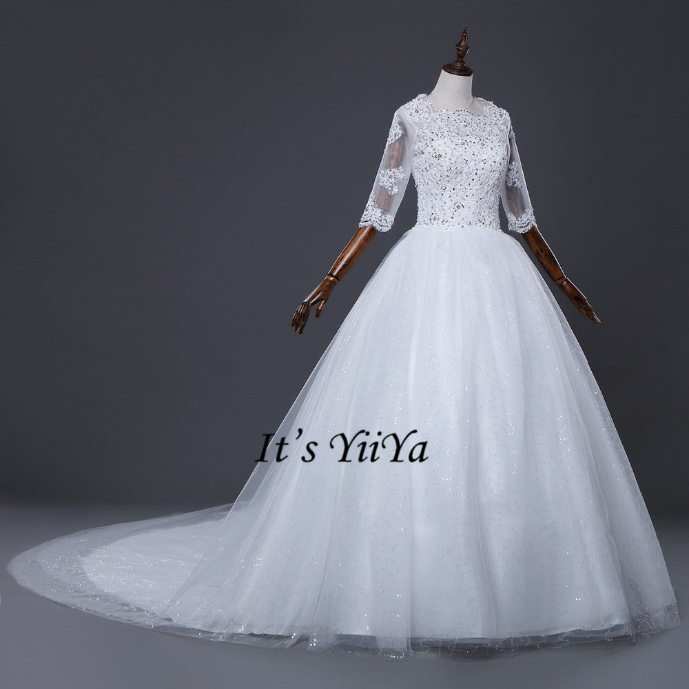 Free Shipping Half sleeve Wedding dresses O-neck Vestidos De Novia Off white dress Bridal Ball gowns Long train Frocks HS620