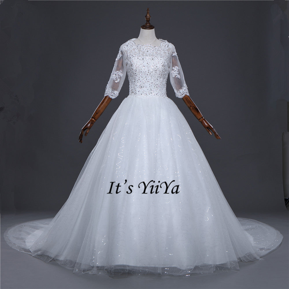 Free Shipping Half sleeve Wedding dresses O-neck Vestidos De Novia Off white dress Bridal Ball gowns Long train Frocks HS620