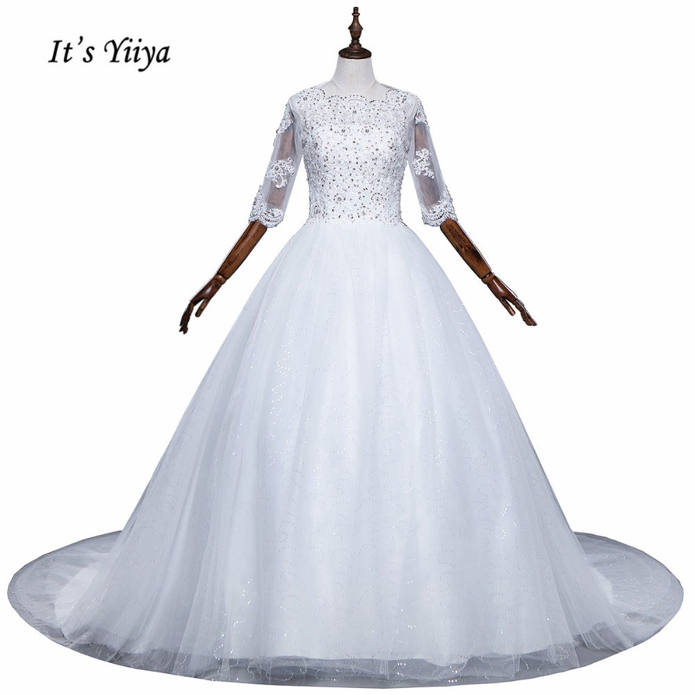 Free Shipping Half sleeve Wedding dresses O-neck Vestidos De Novia Off white dress Bridal Ball gowns Long train Frocks HS620