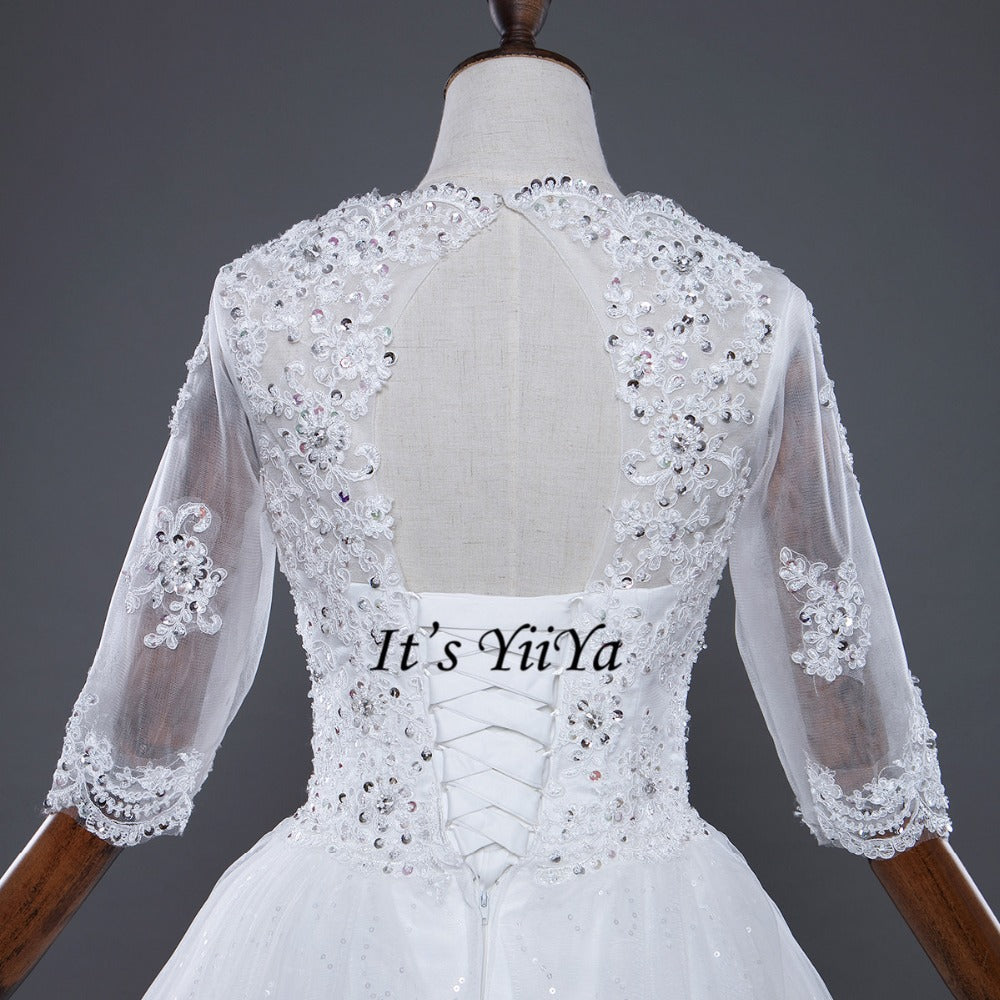 Free Shipping Half sleeve Wedding dresses O-neck Vestidos De Novia Off white dress Bridal Ball gowns Long train Frocks HS620