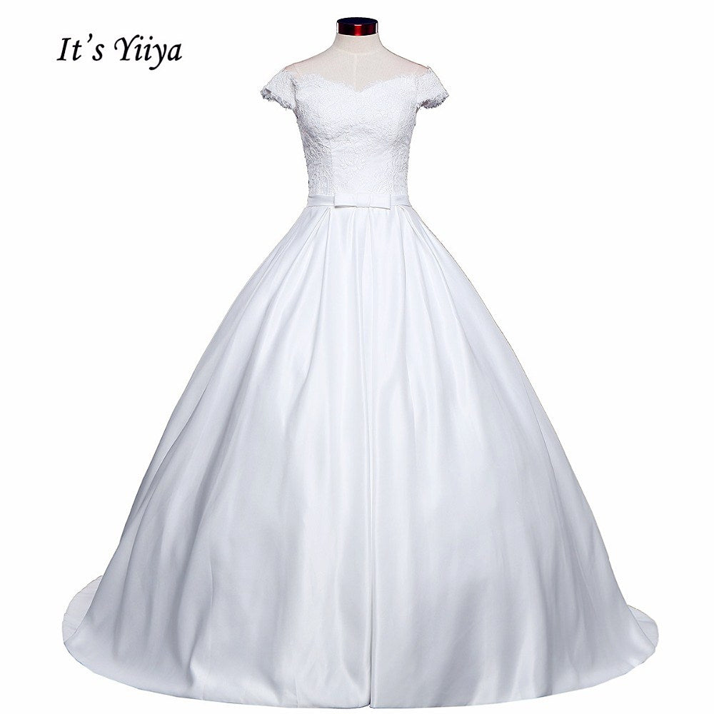 Free shipping New Arrival Short sleeve Wedding Dresses Long Train Gowns Appliques Frocks dress V-neck Vestidos De Novia IY014