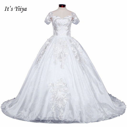 Free Shipping Long train Short Sleeve Wedding dresses Sweetheart Vestidos De Novia Off white dress Bridal Ball gowns Frock IY035
