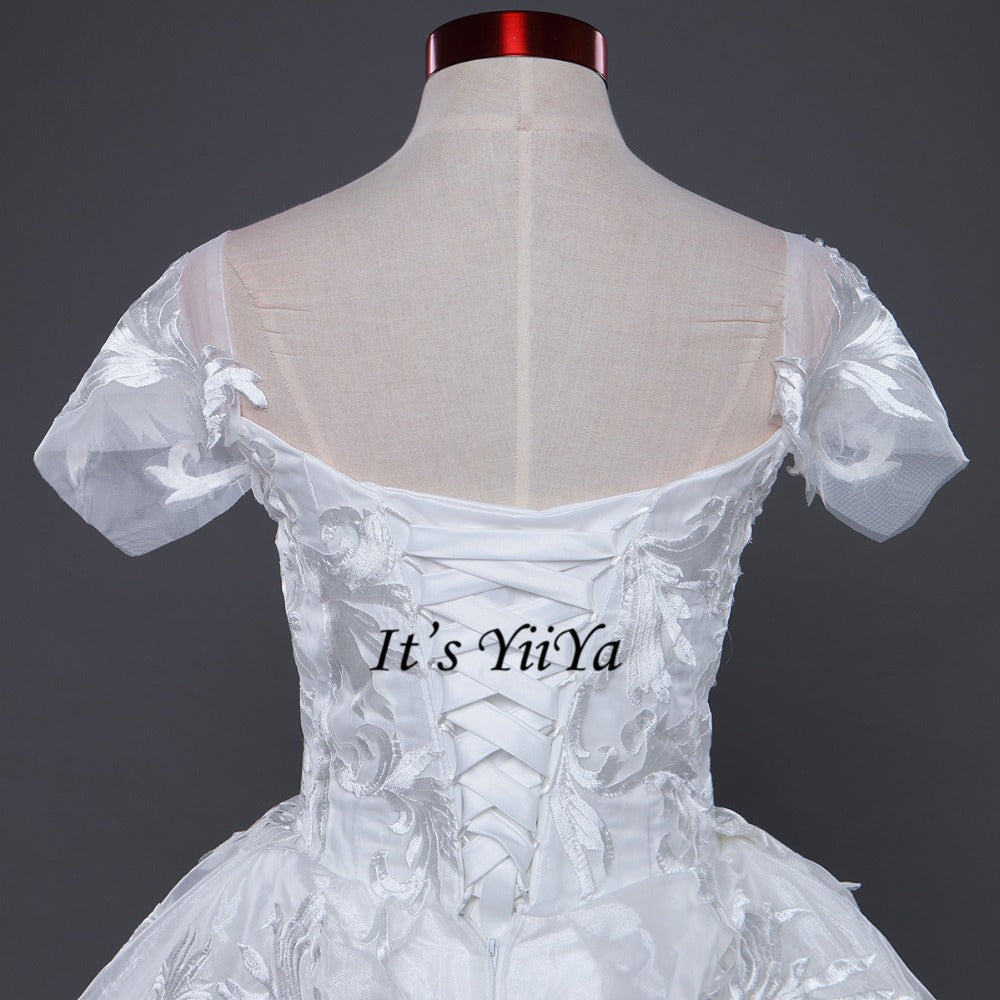 Free Shipping Long train Short Sleeve Wedding dresses Sweetheart Vestidos De Novia Off white dress Bridal Ball gowns Frock IY035