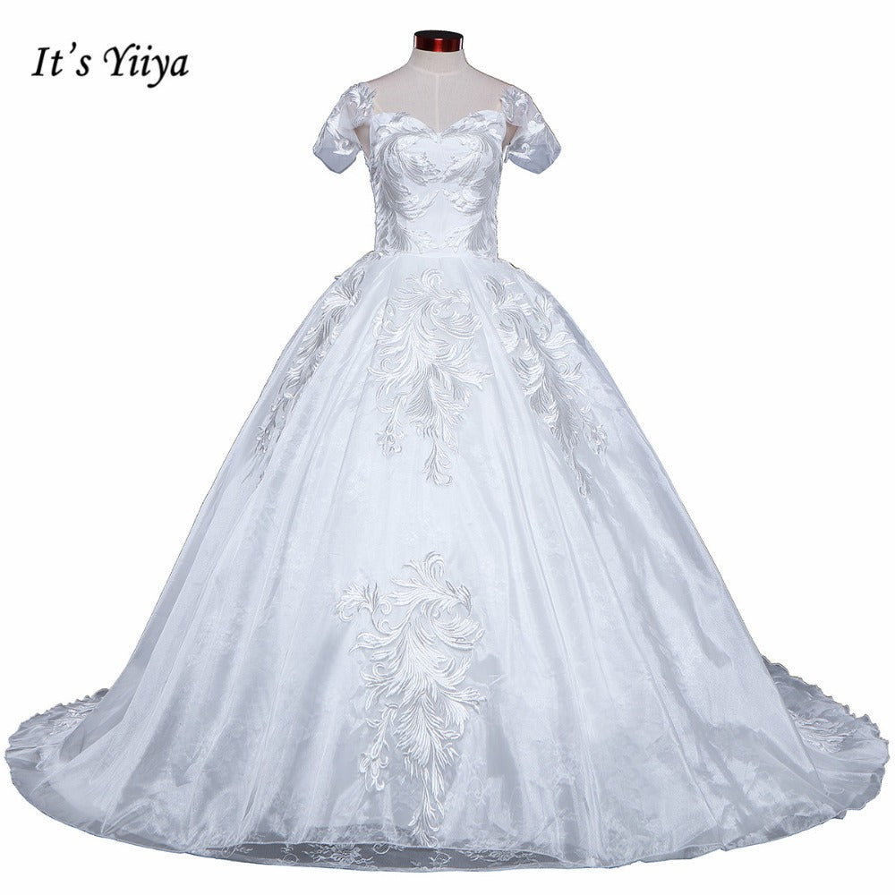 Free Shipping Long train Short Sleeve Wedding dresses Sweetheart Vestidos De Novia Off white dress Bridal Ball gowns Frock IY035