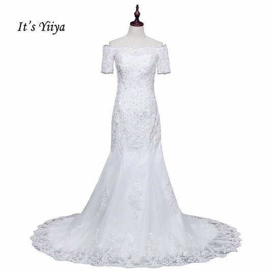 Free Shipping Short Sleeve Wedding dresses Mermaid Vestidos De Novia Off white dress Bridal Ball gowns Long train Frocks HS705