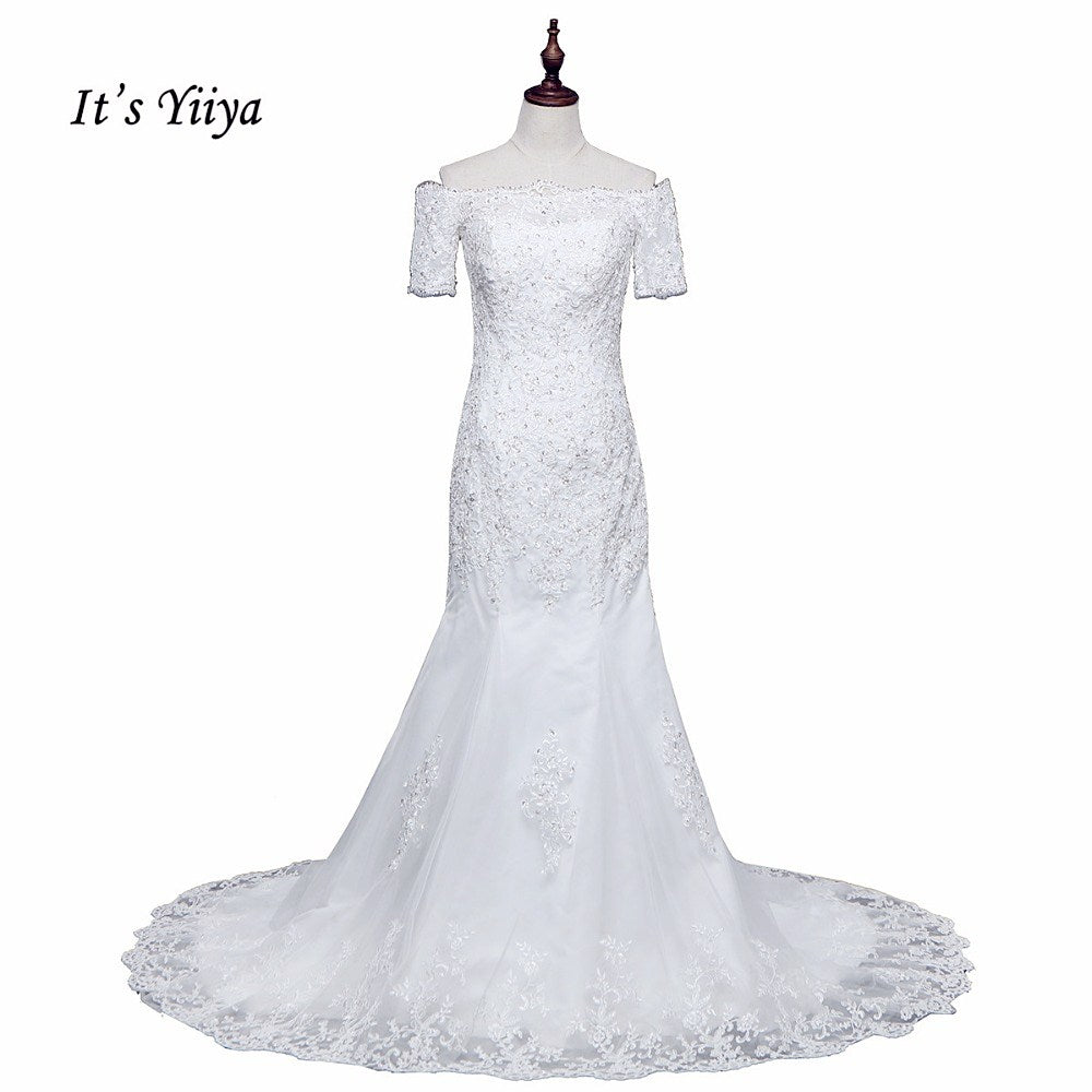 Free Shipping Short Sleeve Wedding dresses Mermaid Vestidos De Novia Off white dress Bridal Ball gowns Long train Frocks HS705