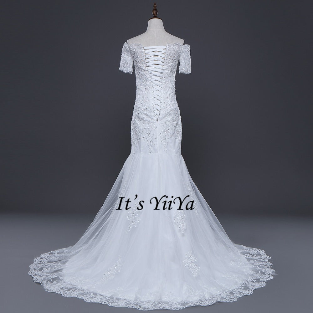 Free Shipping Short Sleeve Wedding dresses Mermaid Vestidos De Novia Off white dress Bridal Ball gowns Long train Frocks HS705