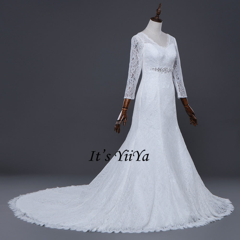 Free Shipping Wedding dresses  V-neck Vestidos De Novia Off white dress Bridal Ball gowns Long train Long sleeve Frock IY038