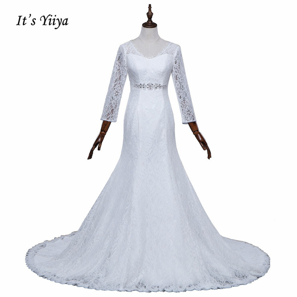 Free Shipping Wedding dresses  V-neck Vestidos De Novia Off white dress Bridal Ball gowns Long train Long sleeve Frock IY038