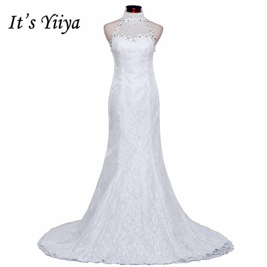 Free shipping New Train White Red Mermaid Wedding Dresses Trailing Halt Neck Vestidos De Novia Short Sleeves Bride Gowns XXN165