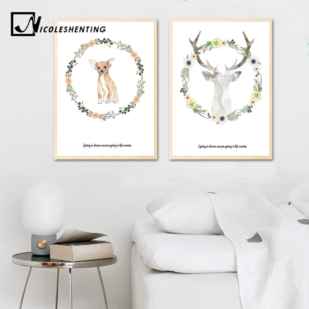 Animal Flower Deer Fox Posters and Prints Canvas Wall Art Painting Decorative Picture Nordic Style Kids Decoration Home Decor