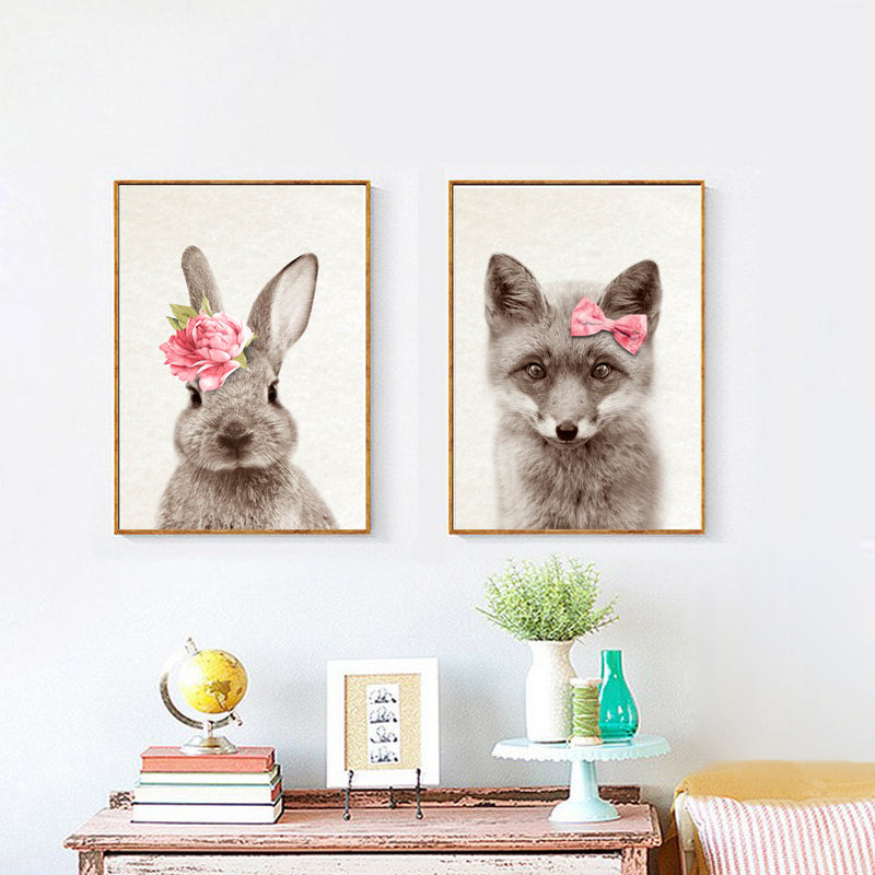 Wear Flowers Kawaii Animals Rabbit Deer Art Prints Poster Nursery Wall Picture Canvas Painting Kids Room Decor No Frame FG0089B