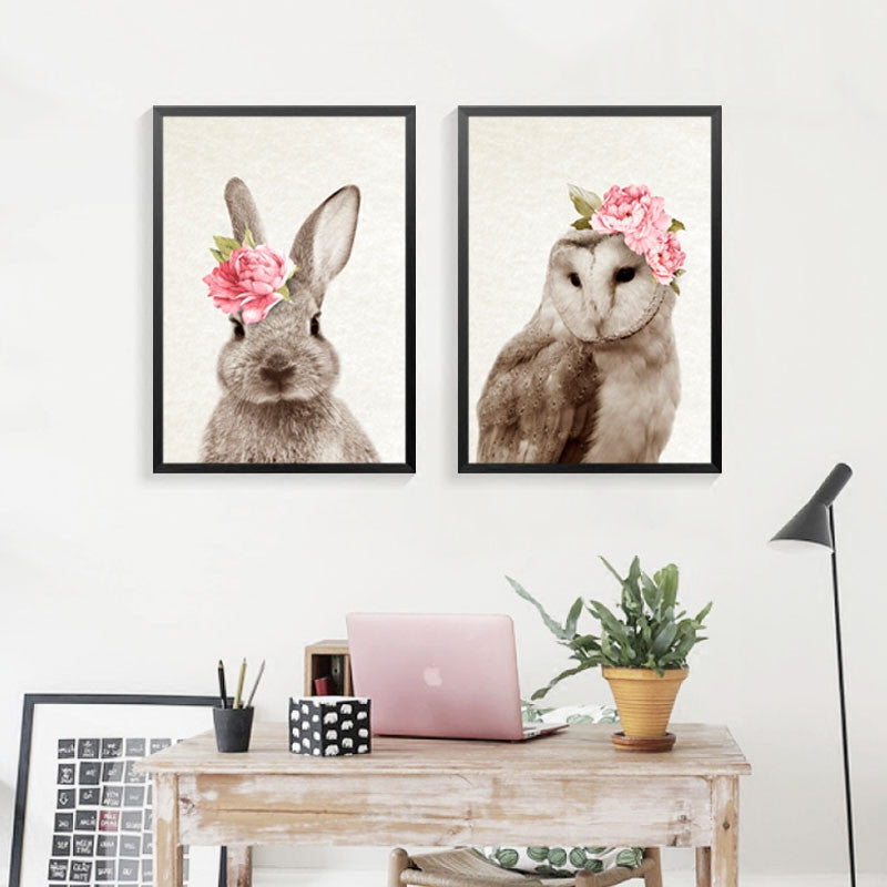 Wear Flowers Kawaii Animals Rabbit Deer Art Prints Poster Nursery Wall Picture Canvas Painting Kids Room Decor No Frame FG0089B