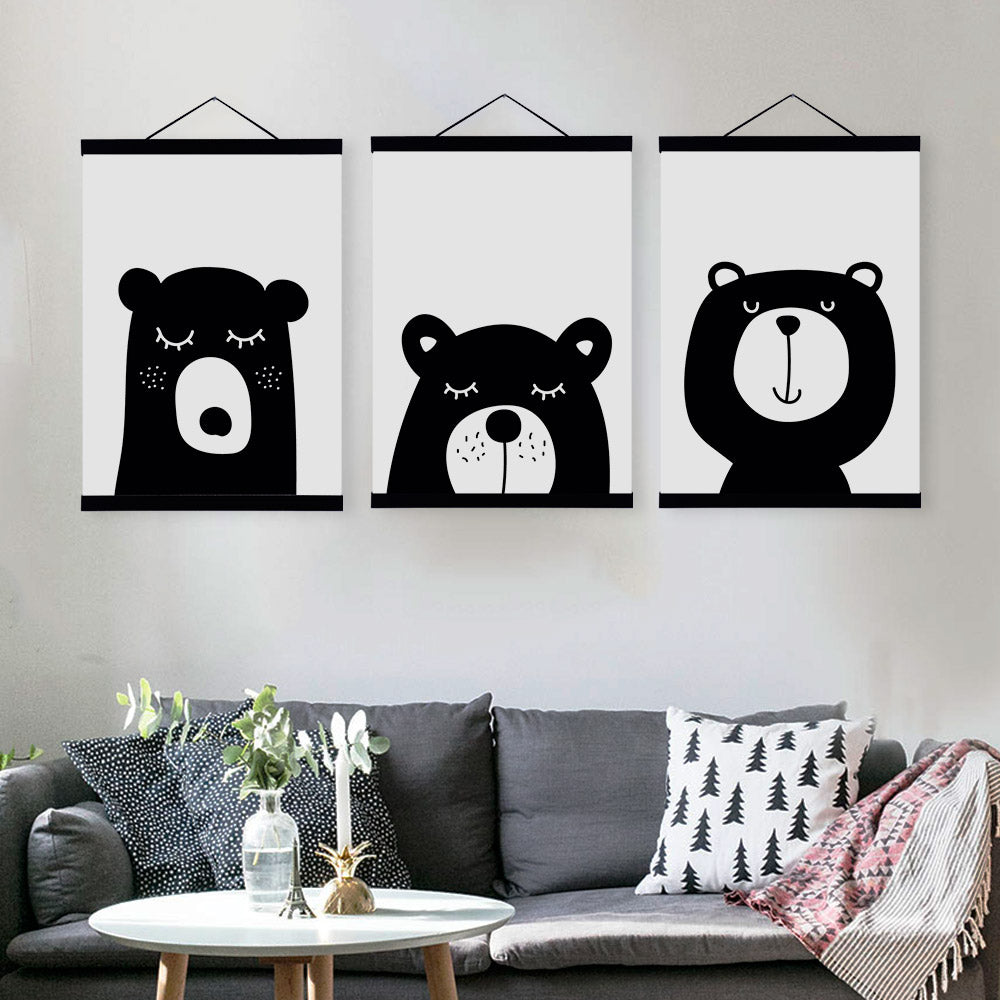 Kawaii Animal Bear Rabbit A4 Wooden Framed Poster Nordic Baby Kids Room Wall Art Canvas Painting Home Decor Print Picture Scroll