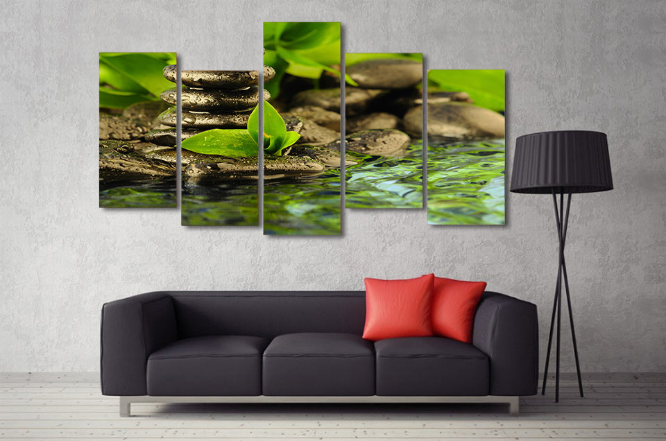 HD Printed 5 piece green water stream stone painting canvas wall art green  Free shipping/ny-4364
