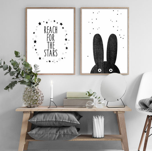 Cartoon Bear Rabbit Canvas Painting Black White Nordic Posters Nursery Wall Art Pictures for Baby Kids Room Home Decor Unframed