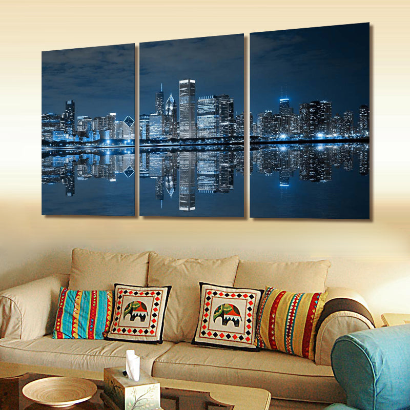 Blue Cool Buildings In Dark Color In Chicago Wall Art Painting The Picture Print On Canvas City Pictures For Home Decor