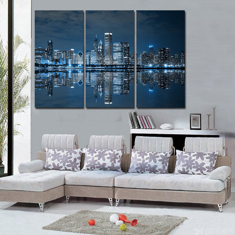 Blue Cool Buildings In Dark Color In Chicago Wall Art Painting The Picture Print On Canvas City Pictures For Home Decor
